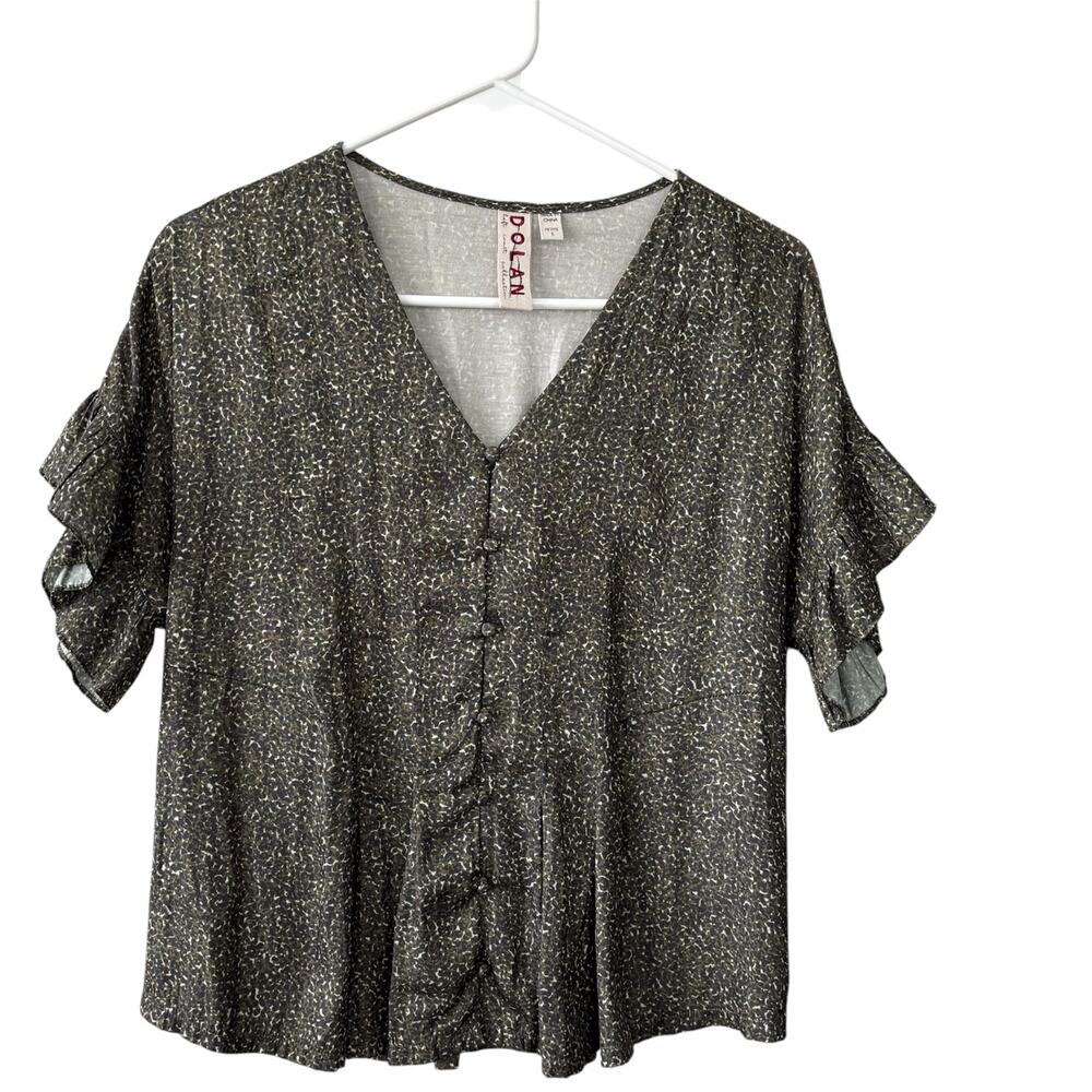 Anthropologie Dolan Olive Green Short Sleeve Ruffle Blouse Top Size Petite Small